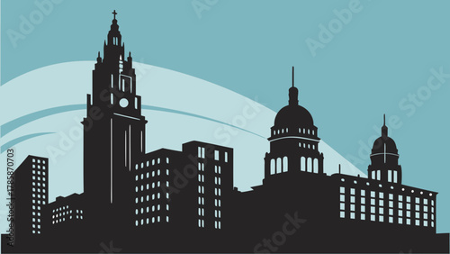 Cleveland skyline silhouette illustration
Vector illustration of the Cleveland, Ohio city skyline featuring prominent landmarks such as the Terminal Tower and domed buildings against an abstract blue 