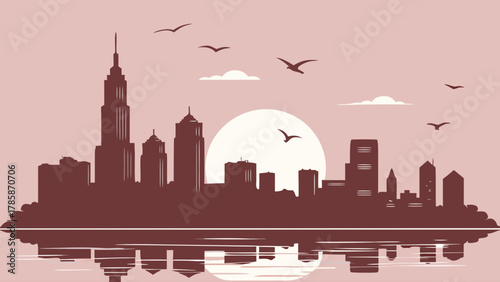 Cityscape silhouette with sunset reflection
A vector illustration depicting a city skyline in silhouette against a large sunset or sunrise, with birds flying and clouds, reflected in the water below.