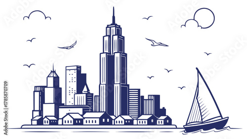 Cityscape illustration with sailboat and skyline
A minimalist vector illustration featuring a stylized urban cityscape with tall skyscrapers and buildings along a waterfront, including a sailboat in t