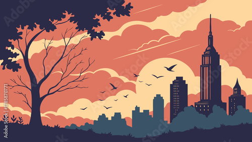 Skyline sunset city view
Vector illustration depicting a city skyline in silhouette against a vibrant sunset sky with clouds and a prominent sun. A large tree stands in the foreground, and birds fly a