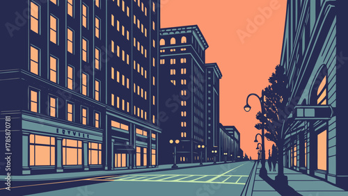 City street at dusk with buildings and streetlights
Vector illustration of an urban city street at dusk, featuring classic architectural buildings, illuminated windows, streetlights, and a crosswalk u