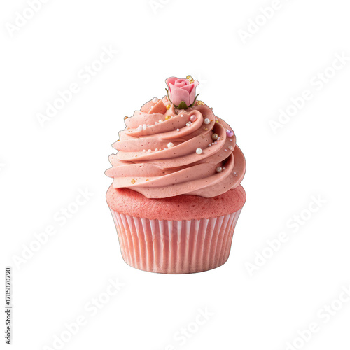A single pink cupcake with swirled frosting and sugar sprinkles topped with a delicate pink rose and gold accents isolated on a black background with a transparent background effect