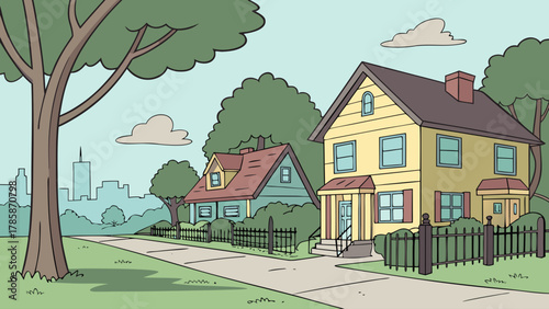 House on suburban street
A charming cartoon illustration depicting a peaceful suburban street scene. Two distinct houses, one yellow and another teal, are nestled among green lawns, lush trees, and we