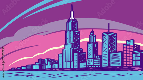 Cityscape with vibrant sunset sky illustration
Vibrant vector illustration of a modern city skyline against a colorful sunset or sunrise sky, featuring tall skyscrapers and buildings.