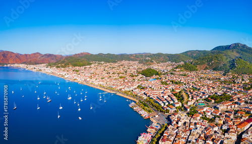 Fototapeta Naklejka Na Ścianę i Meble -  Marmaris beach aerial panoramic view in Mugla Province in Turkey