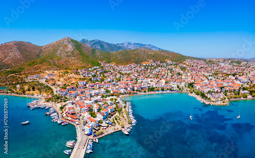 Fototapeta Naklejka Na Ścianę i Meble -  Datca beach and marina aerial panoramic view in Turkey
