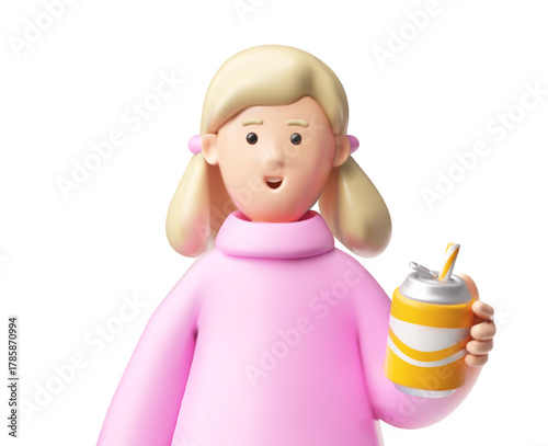 Smiling teenager girl with soda can vector 3D plastic style, cartoon happy schoolgirl with blond hair and pink blouse