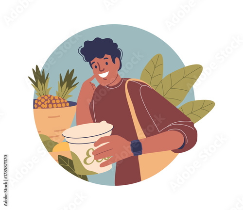 Man shopper choosing eco grocery