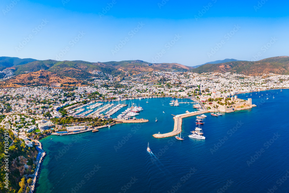 Naklejka premium Bodrum beach and marina aerial panoramic view in Turkey