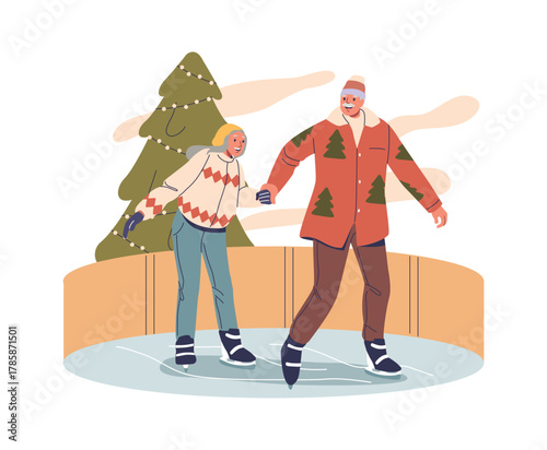 Elderly couple ice-skating celebrating Christmas