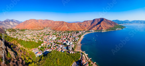 Fototapeta Naklejka Na Ścianę i Meble -  Icmeler town beach aerial panoramic view in Turkey