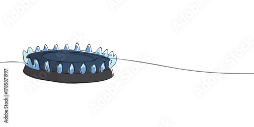 One line drawing of a blue gas stove burner with flames. Minimal continuous line art for kitchen, energy, and cooking design with copy space