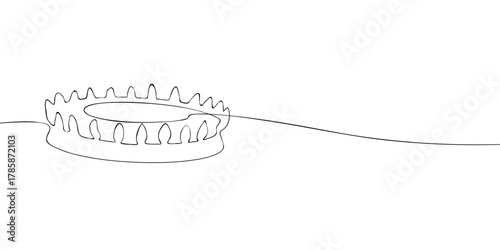 One line drawing of a gas stove burner with flames. Minimal continuous line art for kitchen, cooking, and energy concept with copy space