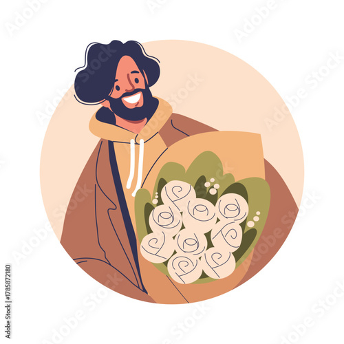 Man in love carrying bouquet