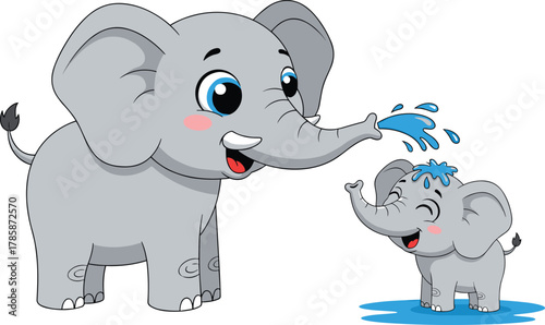 Cartoon elephants playing with water, happy animal illustration, cute wildlife moment, joyful splash scene, adorable baby elephant, fun nature interaction