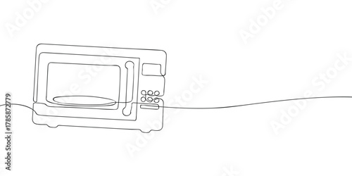One line drawing of a microwave oven isolated on white background. Minimal continuous line illustration of kitchen appliance for cooking, heating, and interior design