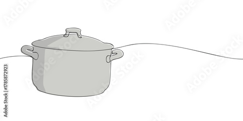 One line drawing of a cooking pot with lid isolated on white background. Minimal continuous line illustration of kitchen cookware for recipe, restaurant, and food design