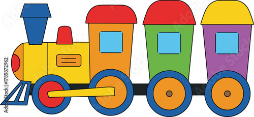 Brightly Colored Cartoon Train with Three Carriages transportation vehicle