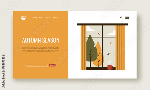 Autumn season landing page. Modern flat design. Cozy autumn view from the window with trees, leaves, and hot cocoa. Vector illustration.
