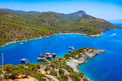 Fototapeta Naklejka Na Ścianę i Meble -  Gemiler or St. Nicholas Island aerial panoramic view in Turkey