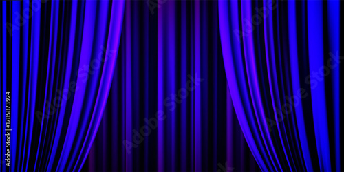 Opened blue theater curtains with drape bg for Broadway or circus performances. Realistic vector illustration of pleated draped fabric with velvet texture and gradient mesh