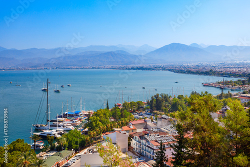 Fototapeta Naklejka Na Ścianę i Meble -  Fethiye city aerial panoramic view in Turkey