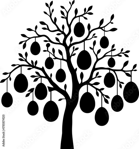 A Stylized Silhouette of an Oval Fruit Bearing Tree Displaying Numerous Hanging Fruits Creating an Organic Design Element Ideal for Packaging and Branding