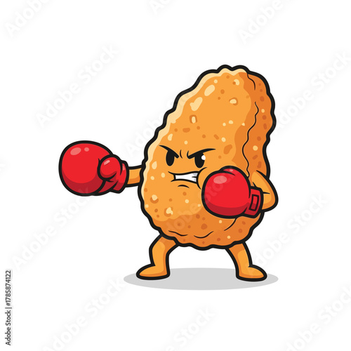 Cartoon chicken nugget wearing boxing gloves a humorous illustration for fast food or competitive eating themes