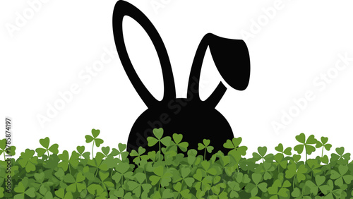A black silhouette of a bunny's head wearing bunny ears is peeking out from a lush patch of green clovers a delightful illustration celebrating springtime and Easter festivities