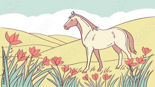 Horse standing in a field of red tulips with rolling hills and a light blue sky background drawing