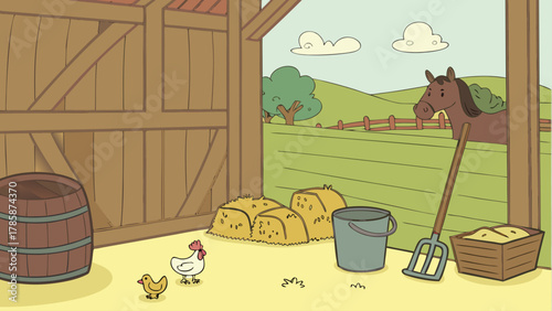 Illustration of a barn interior with a horse, chicken, duck, barrel, and farm tools visible inside