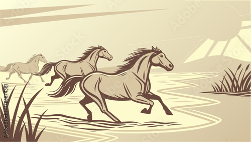 Three horses running through a field with tall grass and a bright sun in the background landscape scene