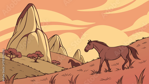 A serene landscape featuring horses grazing on grassy hills beneath a warm sunset sky and rocky mountains
