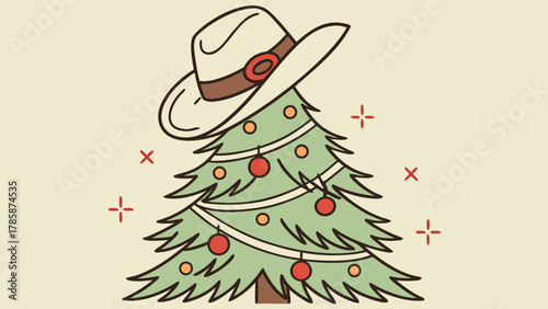 Festive christmas tree topped with a cowboy hat and adorned with colorful ornaments and sparkling accents