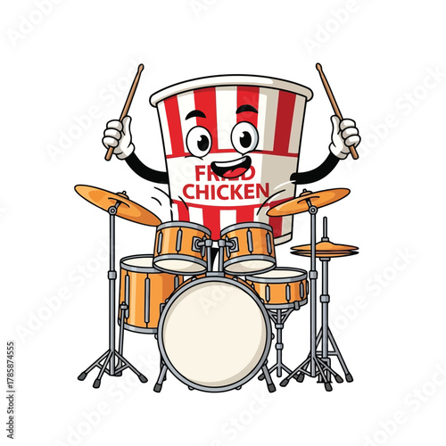 Cartoon bucket of fried chicken playing drums funny fast food character playing music with drumsticks and drum kit