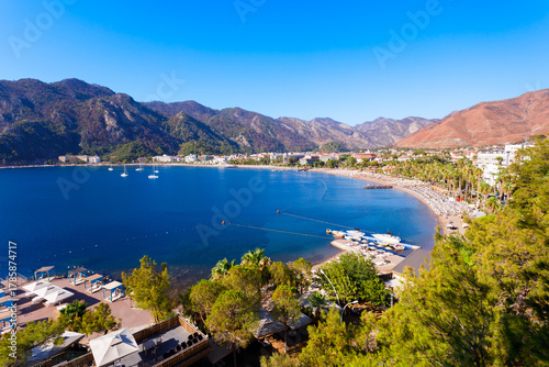 Fototapeta Naklejka Na Ścianę i Meble -  Icmeler town beach aerial panoramic view in Turkey