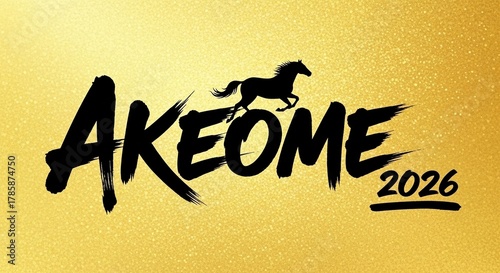 AKEOME2026：日本の新年のあいさつ「あけおめ」と2026年の干支である午のイラストを用いた年賀状用素材