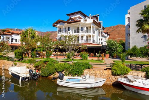 Fototapeta Naklejka Na Ścianę i Meble -  Boats on the river canal in Icmeler, Turkey