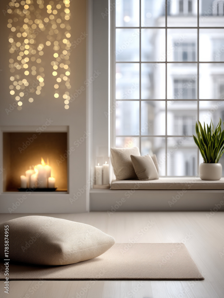 Naklejka premium Cozy bright living room interior with large window, soft cushion, candles, and potted plant, creating peaceful and inviting atmosphere
