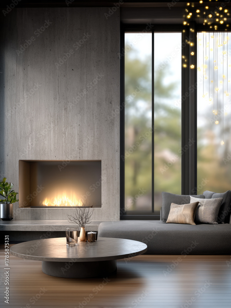 Naklejka premium Cozy modern living room with fireplace, large window, gray sofa, round coffee table, soft cushions, and warm lighting ambiance