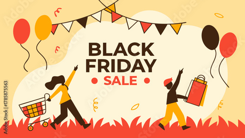 Black friday sale advertisement with shoppers, balloons and festive decoration