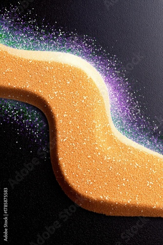 A textured, wavy orange shape is bordered by a vibrant trail of purple and green glitter against a dark, textured surface.