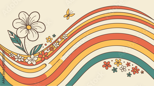 Retro flower power background with colorful stripes and a butterfly isolated
