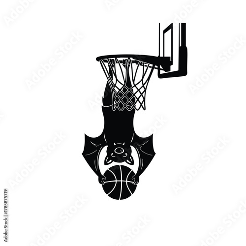 Stylized bat character hanging upside down from basketball hoop while holding a ball