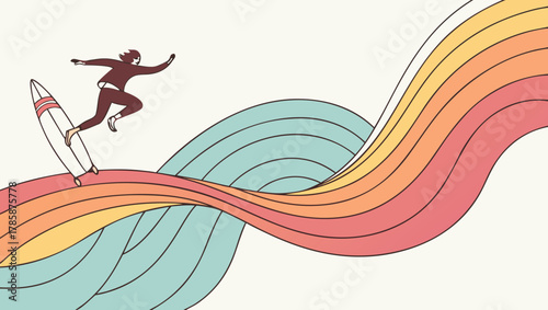 Surfer riding a wave with colorful stripes on a
