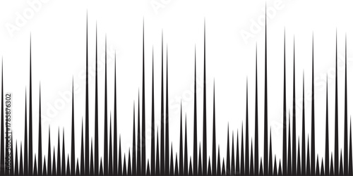Sound background. Black vertical lines with sharp, irregular peaks forming chaotic abstract soundwave silhouette. Dynamic jagged pattern with high contrast and spiky rhythm. Vector illustration.