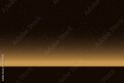 Night sky with glowing stars over dark horizon. Gradient background transitioning from golden brown to deep black, filled with scattered twinkling points of light. Calm, cosmic vector illustration.