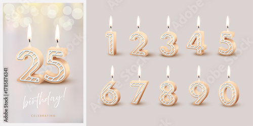 Birthday anniversary beige candles set template with number 25. Celebration birthday vector background. Beige wax numbers with candlelight on gray for party invitation, greeting card, poster, event.