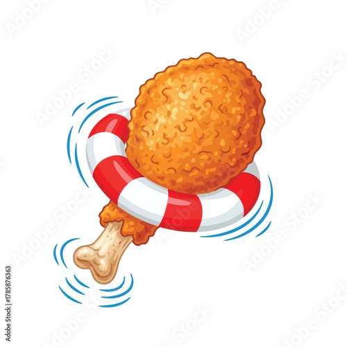 Cartoon fried chicken leg floating in water with life buoy funny fast food character with life preserver, vector illustration