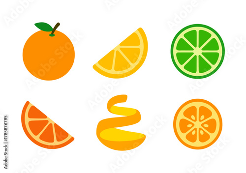 Colorful flat citrus fruit icons set with orange, lemon, lime, and peel
